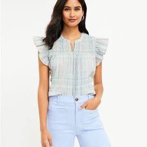LOFT Blue Smocked Ruffled Cap Sleeve Blouse